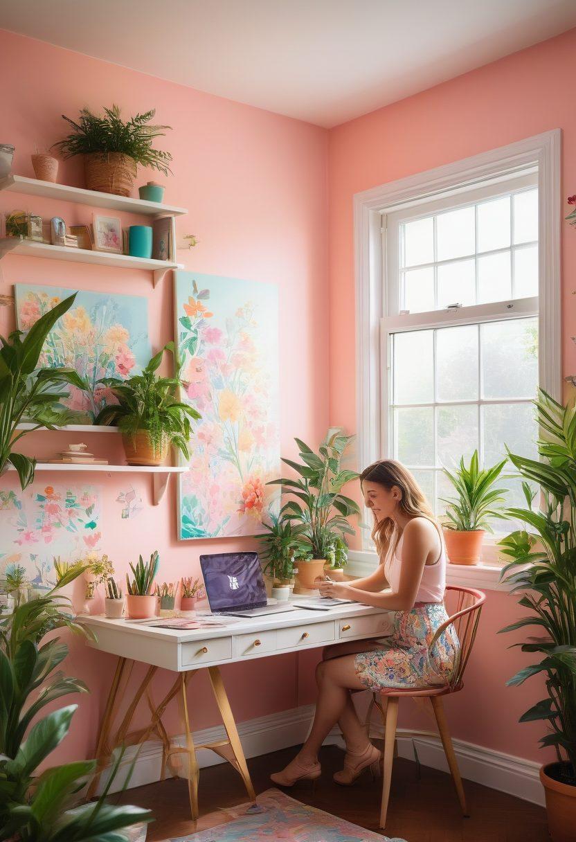 A serene workspace featuring a vibrant desk adorned with cheerful pastel backgrounds, including floral and abstract patterns. A woman joyfully working on a laptop surrounded by cute plants and colorful stationery. Sunlight streaming in through a window, casting a warm glow over the scene. Whimsical touches like motivational quotes on the wall. soft, dreamy, vibrant colors. 3D.