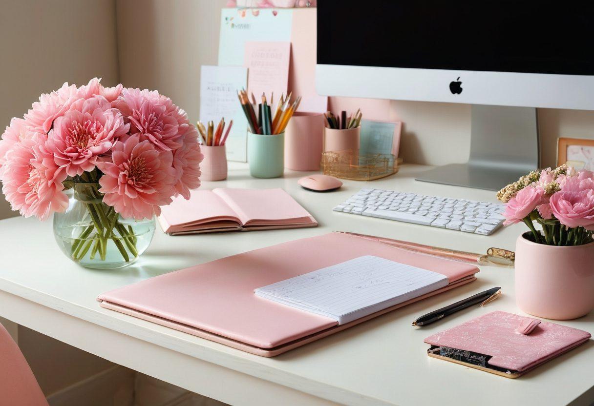 A serene and joyful workspace featuring a beautifully organized desk, adorned with pastel-colored accessories, vibrant flowers, and a personalized computer background showcasing uplifting quotes. Include elegant stationery, a cozy chair, and soft lighting to evoke a sense of tranquility and inspiration. The scene should radiate femininity and warmth, appealing to every woman's desire for a blissful work environment. soft pastel colors. feminine decor. super-realistic.